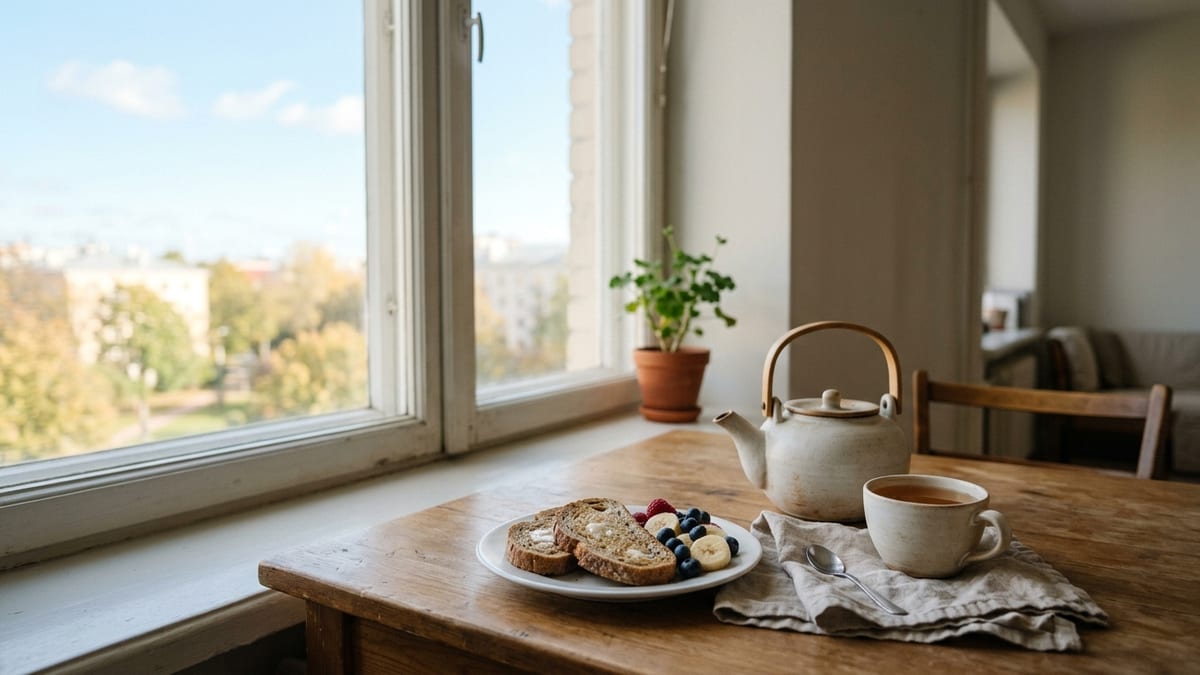Утренняя кухня у окна: заварочный чайник, чашка и тарелка с завтраком, за стеклом светлое небо