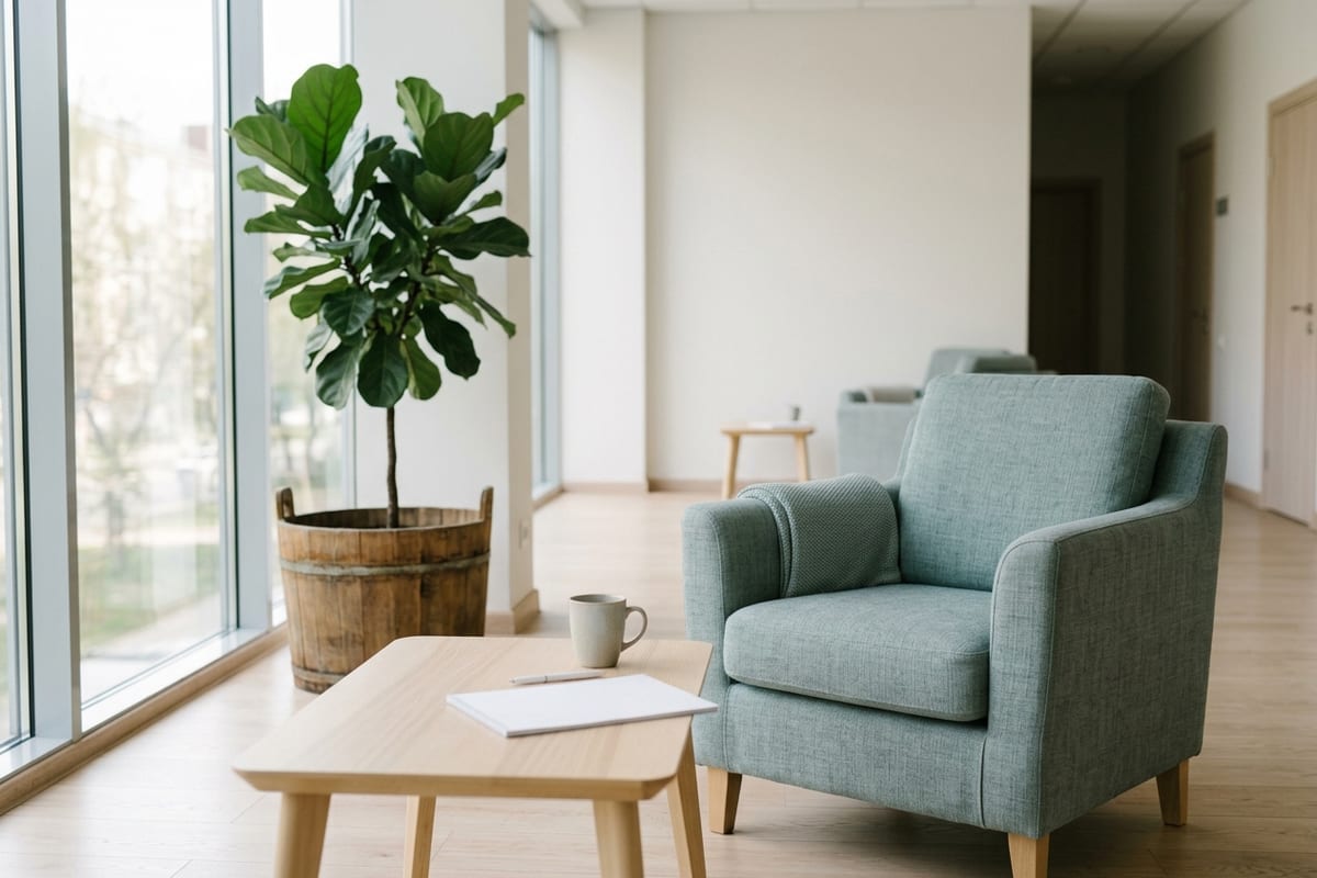 Светлый холл клиники: мягкое кресло, журнальный столик и растение в кадке у большого окна